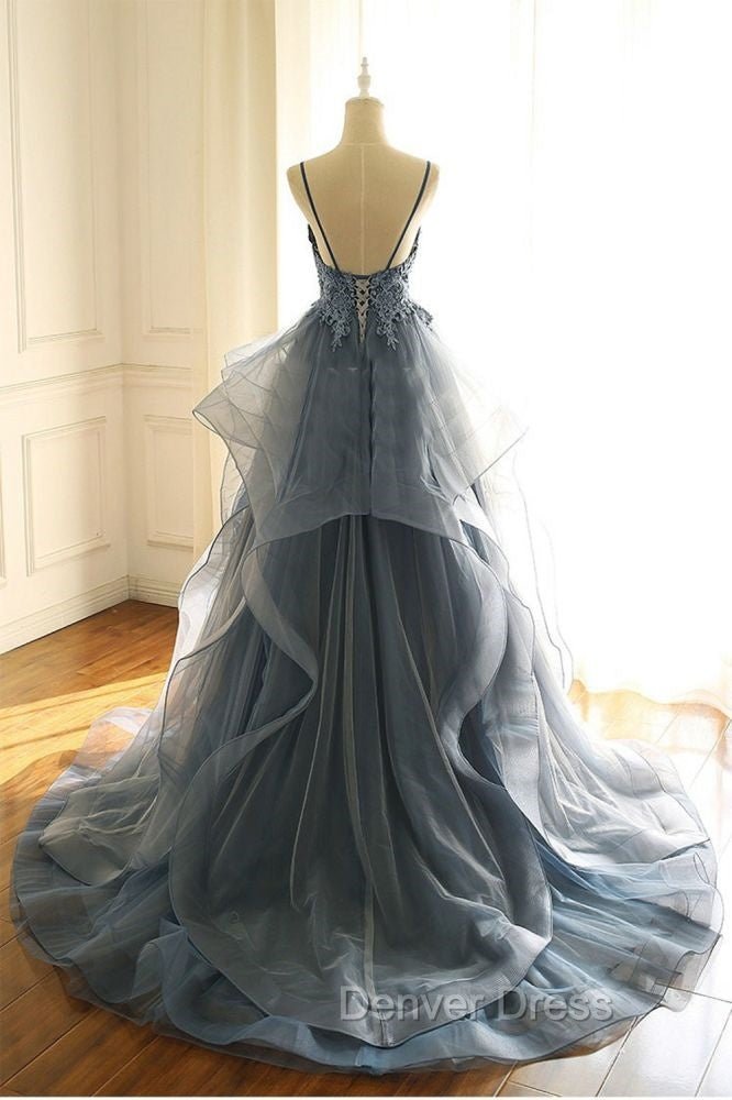 Gray Prom Dresses Tulle V Neck Ruffles Long Spaghetti Lace Beading Prom Gown