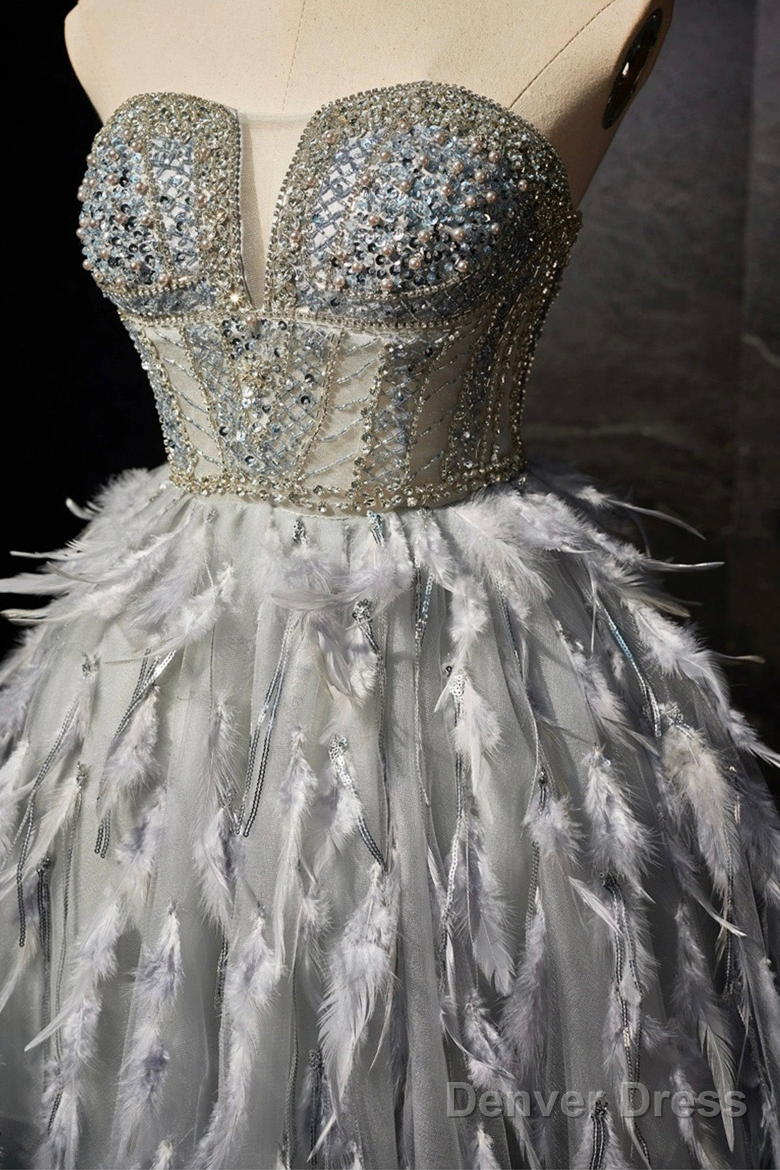 Gray Feather Short Prom Dress, Lovely Handmade Beading Pearl Sequins Prom Dresses Secondary image