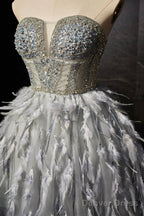 Gray Feather Short Prom Dress, Lovely Handmade Beading Pearl Sequins Prom Dresses