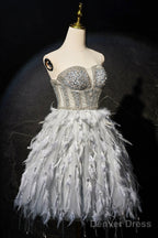 Gray Feather Short Party Dress, Lovely Handmade Beading Pearl Sequins Evening Dress
