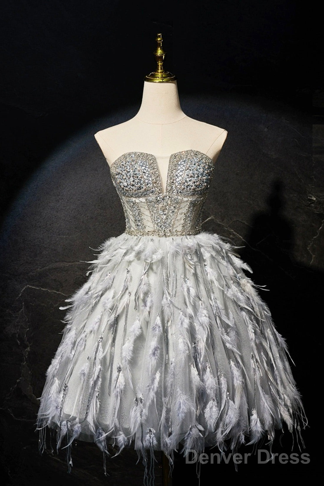 Gray Feather Short Prom Dress, Lovely Handmade Beading Pearl Sequins Prom Dresses Main image