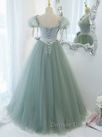 Gray Green A Line Tulle Long Prom Dress, Gray Green Prom Dresses