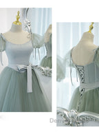 Gray Green A Line Tulle Long Prom Dress, Gray Green Prom Dresses