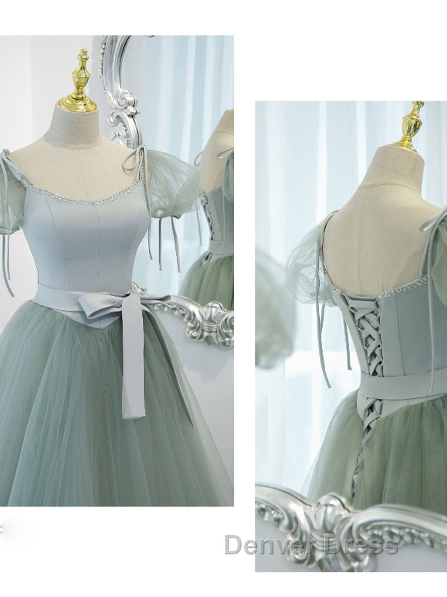 Gray Green A Line Tulle Long Prom Dress, Gray Green Prom Dresses