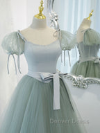 Gray Green A Line Tulle Long Prom Dress, Gray Green Prom Dresses