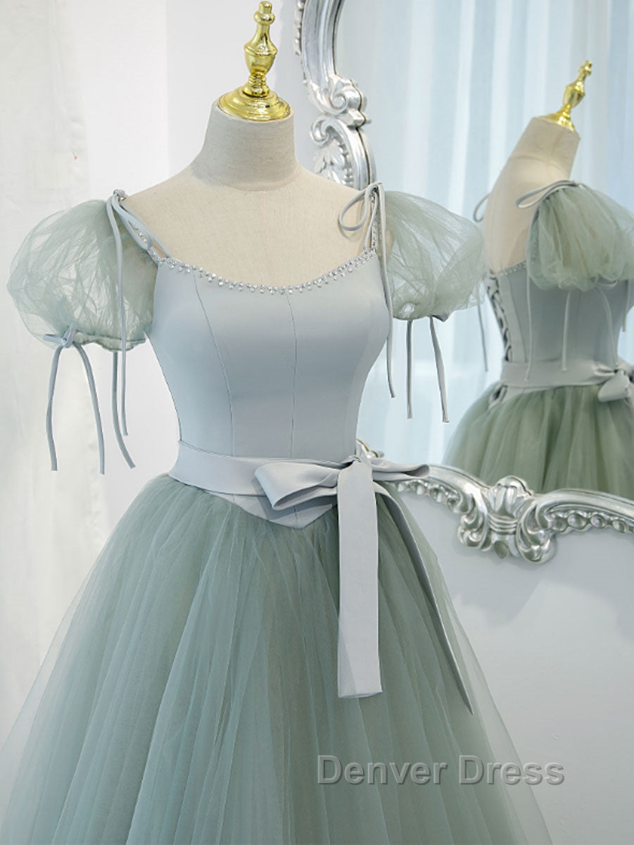 Gray Green A Line Tulle Long Prom Dress, Gray Green Prom Dresses