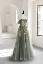 Gray Green Off The Shoulder Tulle Prom Dresses With Appliques