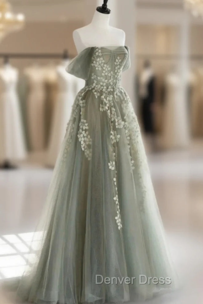Gray Green Off The Shoulder Tulle Prom Dresses With Appliques
