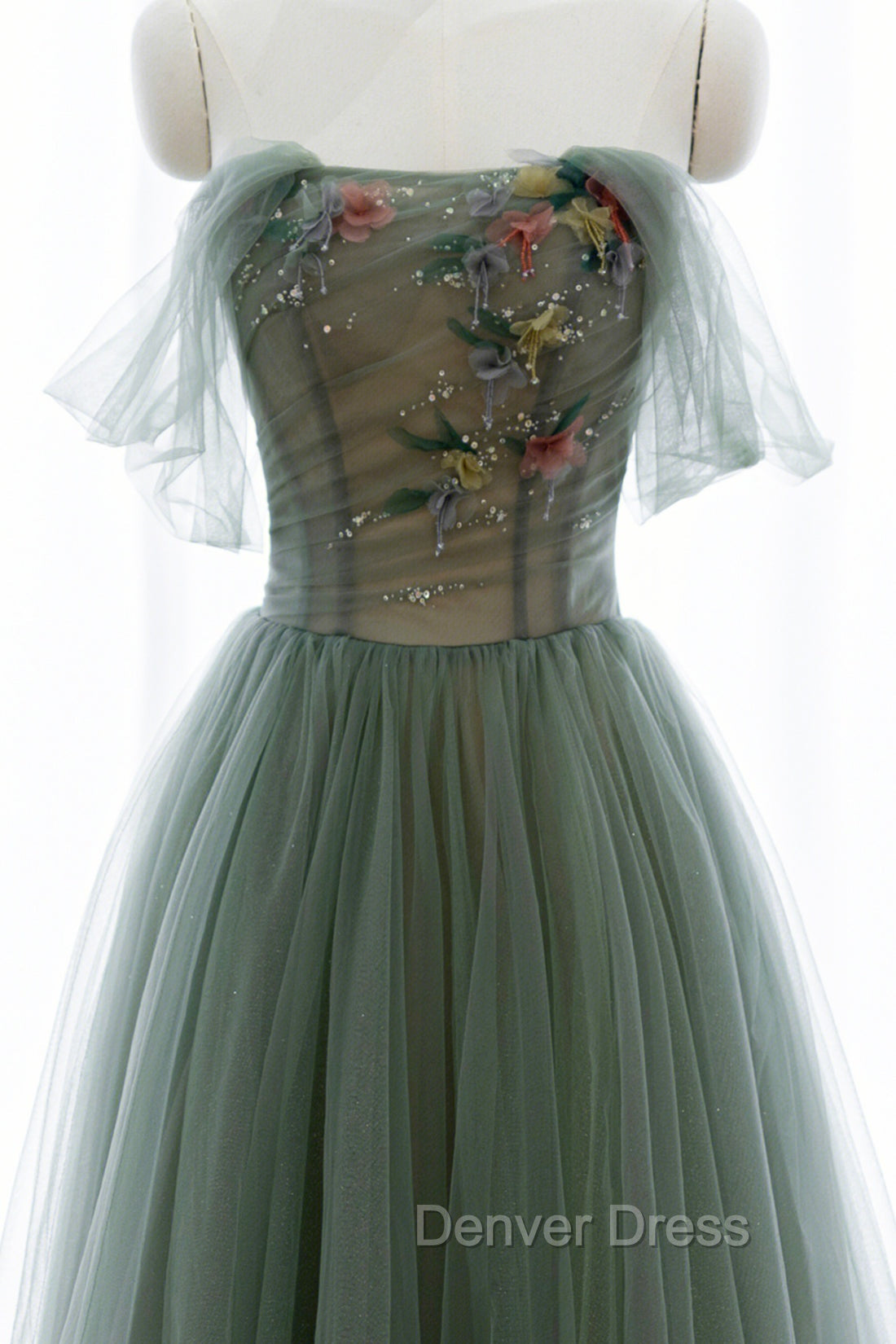 Gray Green Tulle Beaded Long Prom Dresses, A-Line Evening Dresses