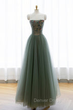 Gray Green Tulle Beaded Long Prom Dresses, A-Line Evening Dresses