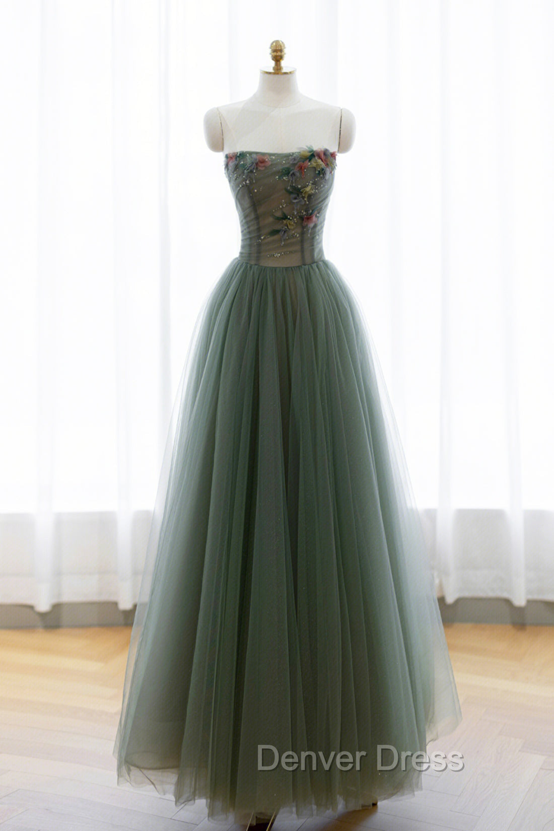 Gray Green Tulle Beaded Long Prom Dress, A Line Prom Dresses