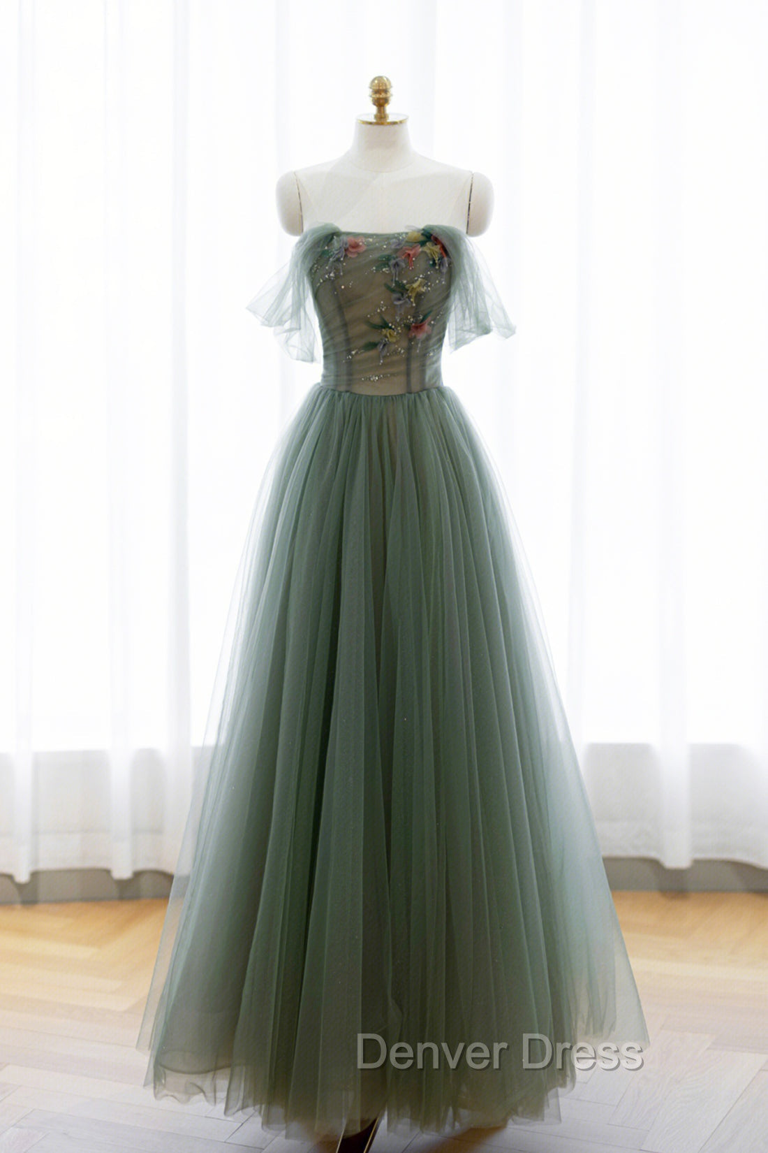 Gray Green Tulle Beaded Long Prom Dresses, A-Line Evening Dresses Main image
