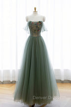Gray Green Tulle Beaded Long Prom Dresses, A-Line Evening Dresses