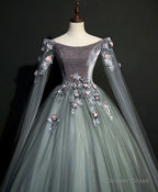 Gray Green Tulle Lace Long Prom Dress Gray Tulle Prom Dresses
