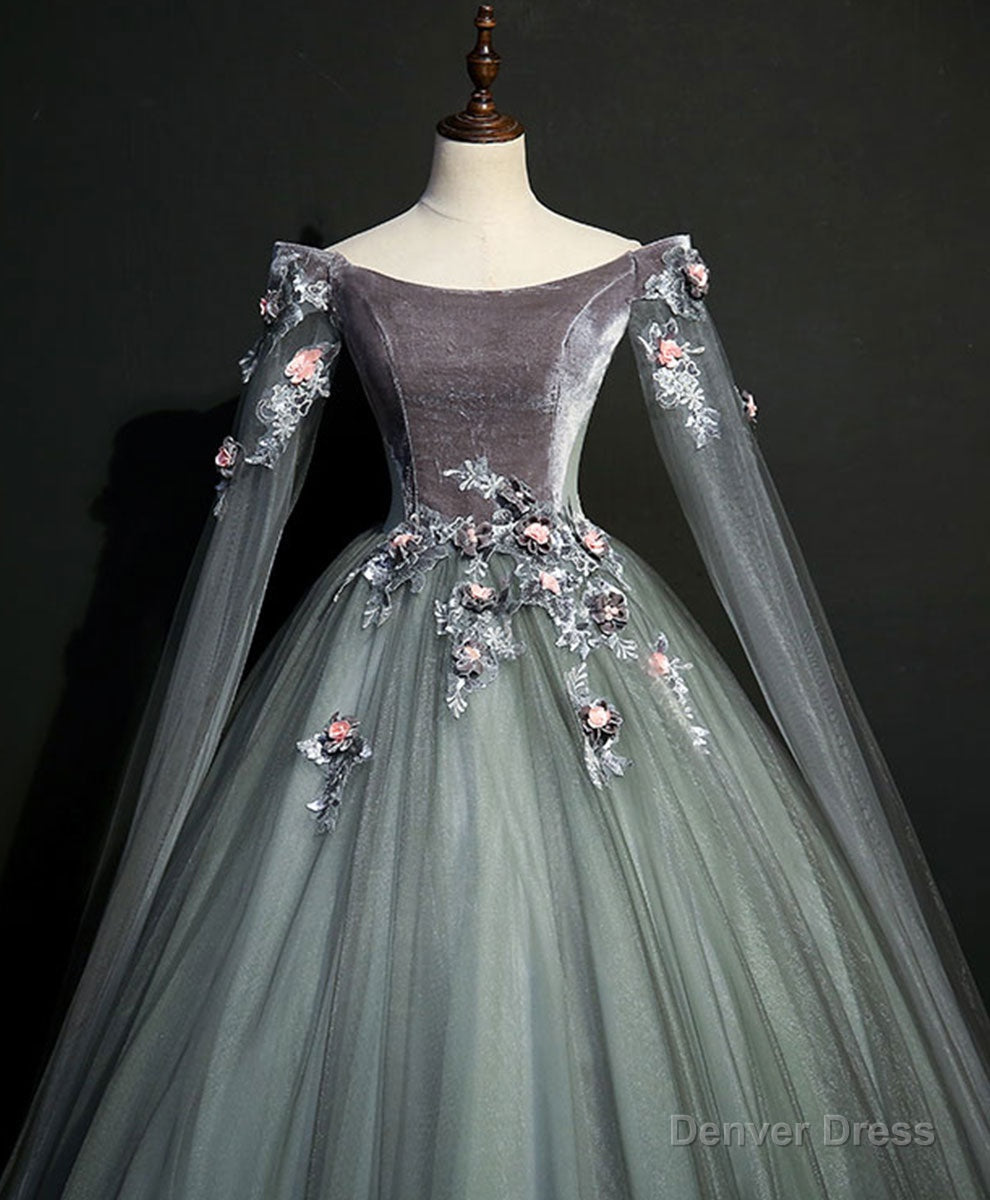 Gray Green Tulle Lace Long Prom Dress Gray Tulle Prom Dresses