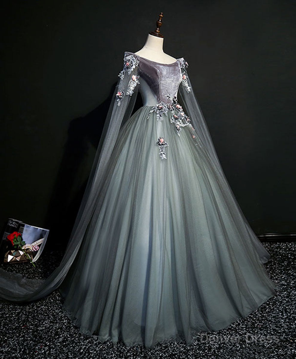 Gray Green Tulle Lace Long Prom Dress Gray Tulle Prom Dresses