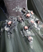 Gray Green Tulle Lace Long Prom Dress Gray Tulle Prom Dresses