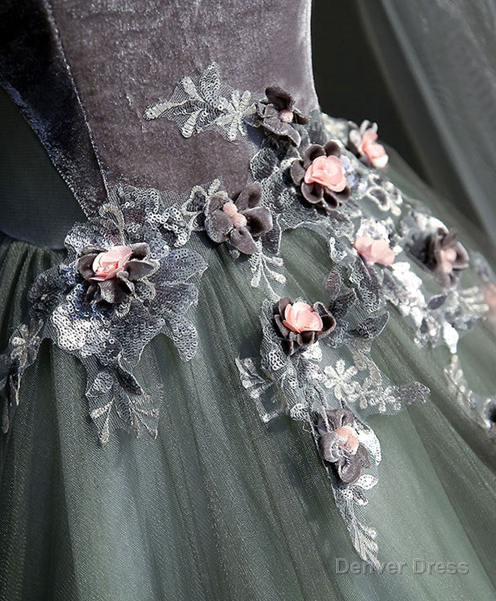 Gray Green Tulle Lace Long Prom Dress Gray Tulle Prom Dresses