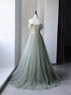 Gray Green Tulle Off Shoulder Long Prom Dress, Gray Green Prom Graduation Dresses