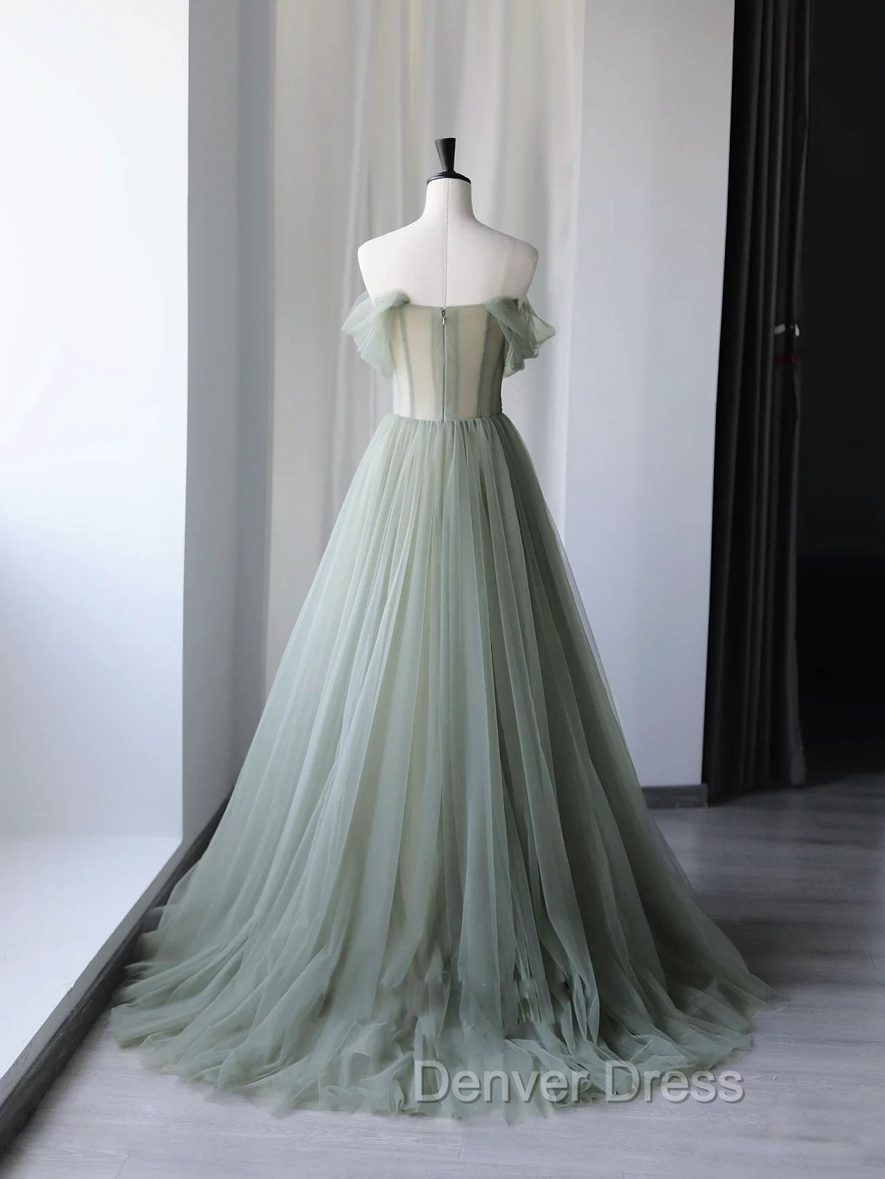 Gray Green Tulle Off Shoulder Long Prom Dress, Gray Green Prom Graduation Dresses