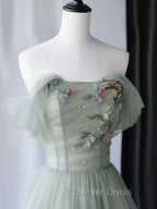 Gray Green Tulle Off Shoulder Long Prom Dress, Gray Green Prom Graduation Dresses