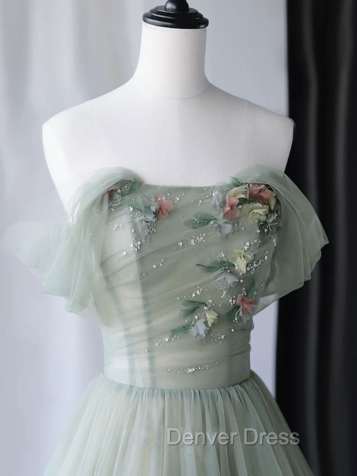 Gray Green Tulle Off Shoulder Long Prom Dress, Gray Green Prom Graduation Dresses