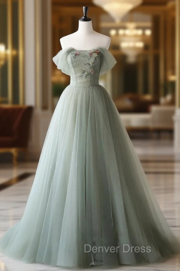 Gray Green Tulle Off Shoulder Long Prom Dresses, Gray Green Formal Graduation Dresses