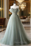 Gray Green Tulle Off Shoulder Long Prom Dresses, Gray Green Formal Graduation Dresses