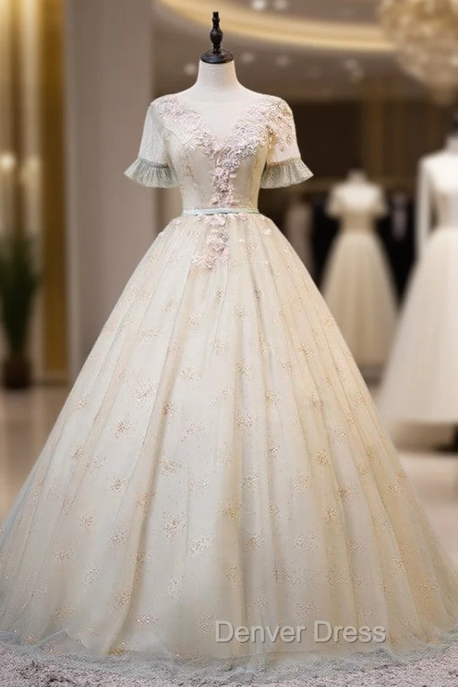 Gray Green Tulle Short Sleeve Appliques Beading Quinceanera Dresses