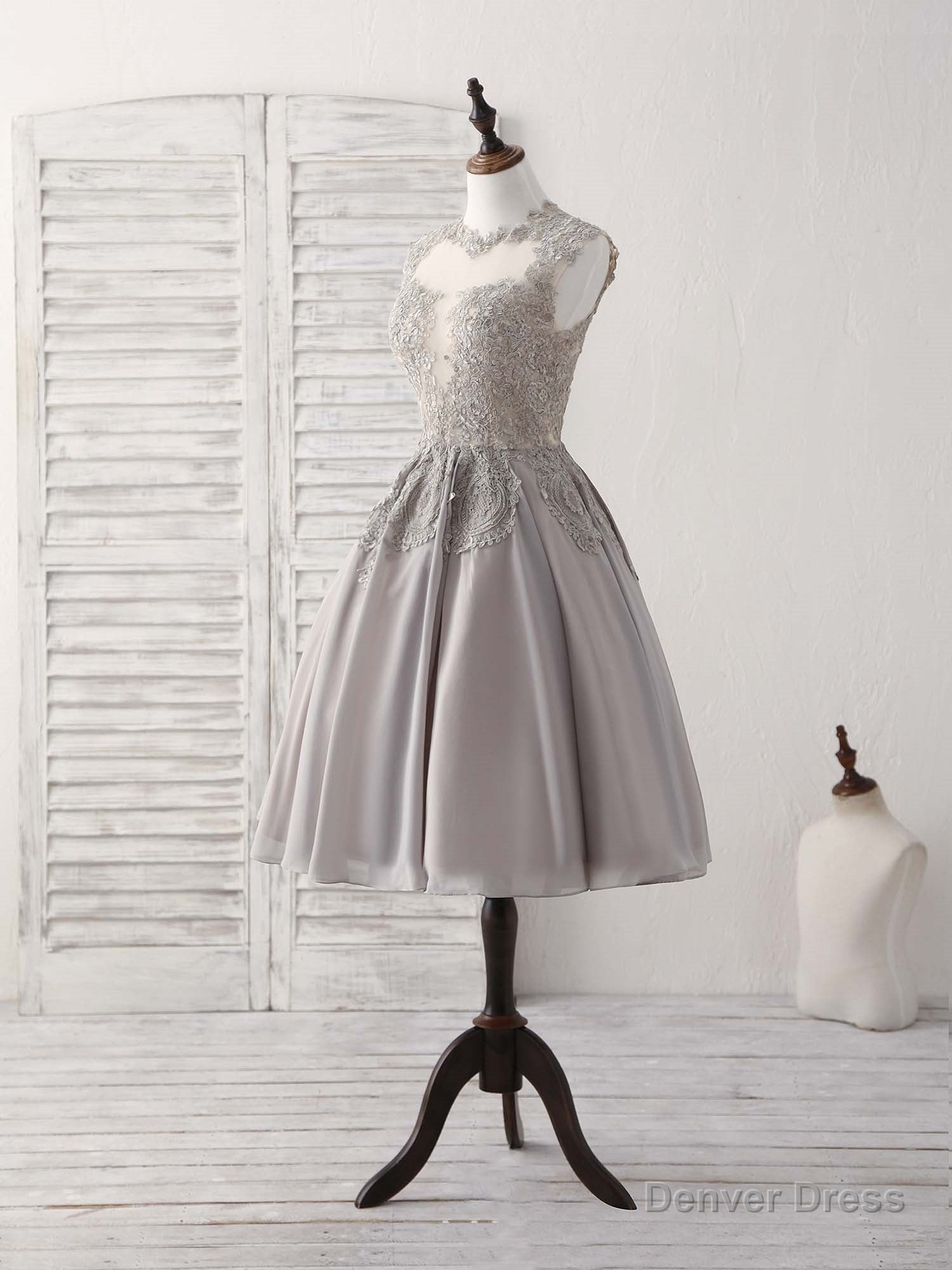 Gray High Neck Lace Chiffon Short Prom Dress Gray Bridesmaid Dresses Secondary image