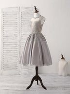 Gray High Neck Lace Chiffon Short Prom Dress Gray Bridesmaid Dresses