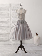 Gray High Neck Lace Chiffon Short Prom Dress Gray Bridesmaid Dresses