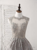 Gray High Neck Lace Chiffon Short Prom Dress Gray Bridesmaid Dresses