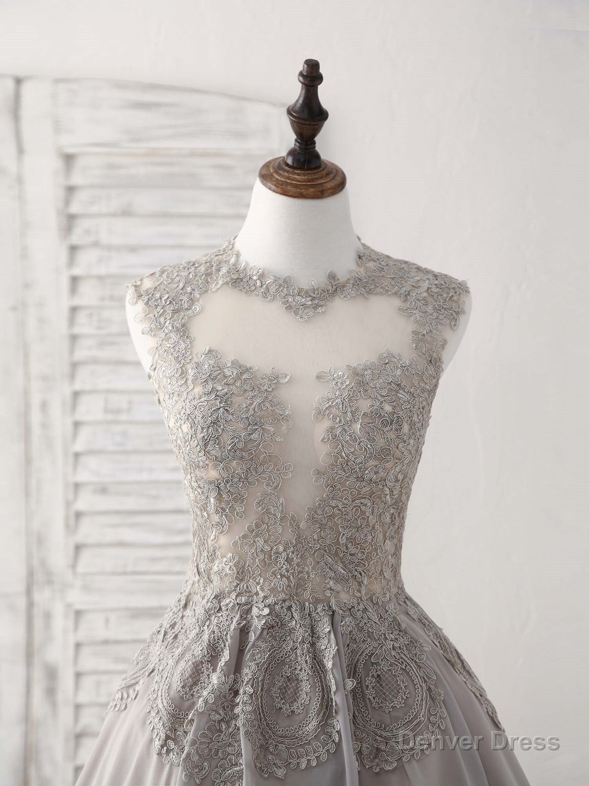 Gray High Neck Lace Chiffon Short Prom Dress Gray Bridesmaid Dresses