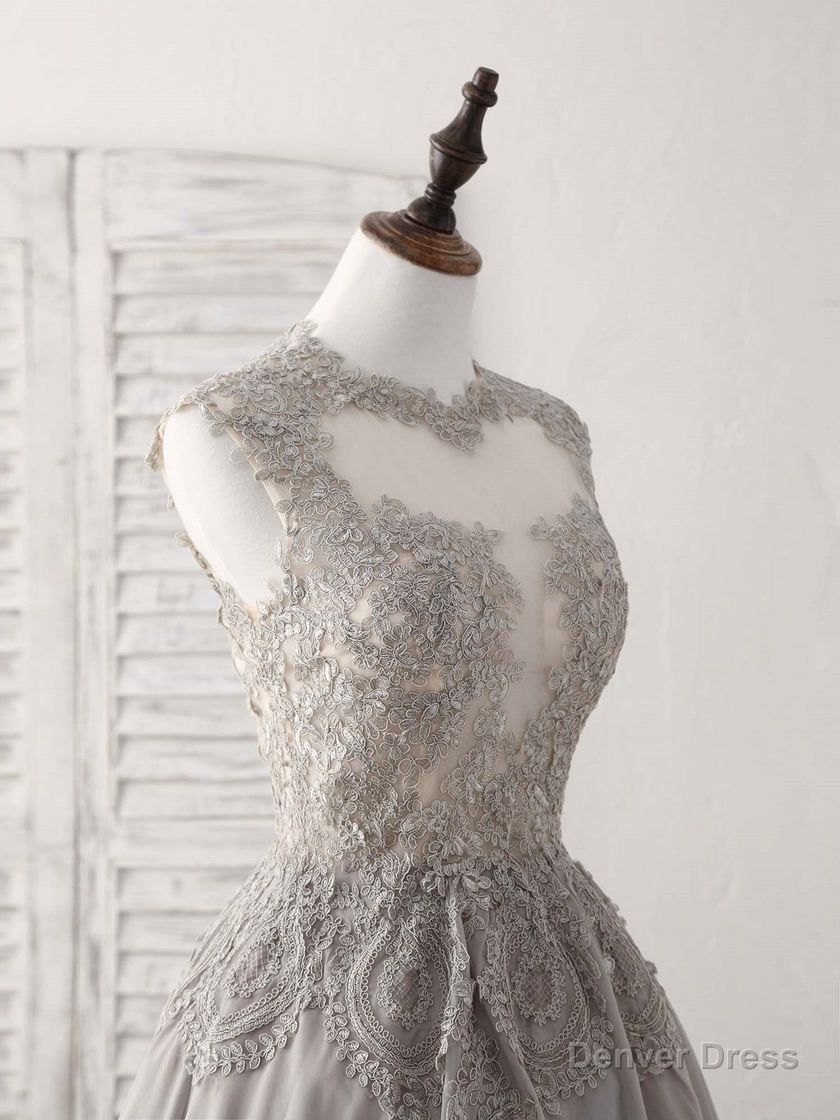 Gray High Neck Lace Chiffon Short Prom Dress Gray Bridesmaid Dresses