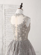 Gray High Neck Lace Chiffon Short Prom Dress Gray Bridesmaid Dresses