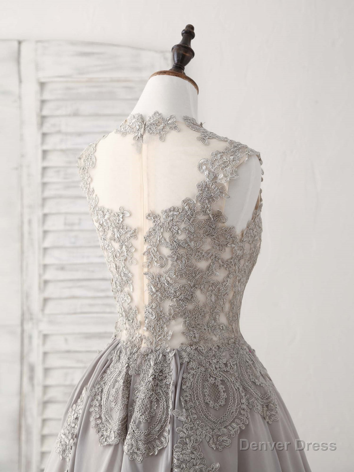 Gray High Neck Lace Chiffon Short Prom Dress Gray Bridesmaid Dresses