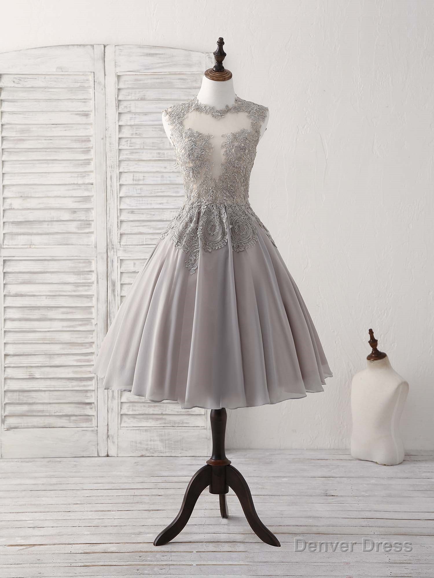 Gray High Neck Lace Chiffon Short Prom Dress Gray Bridesmaid Dresses Main image