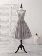 Gray High Neck Lace Chiffon Short Prom Dress Gray Bridesmaid Dresses