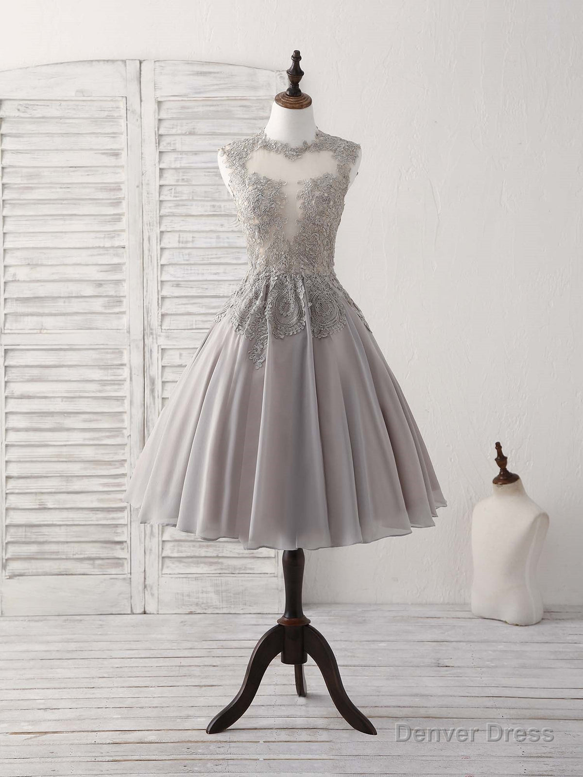 Gray High Neck Lace Chiffon Short Prom Dress Gray Bridesmaid Dresses