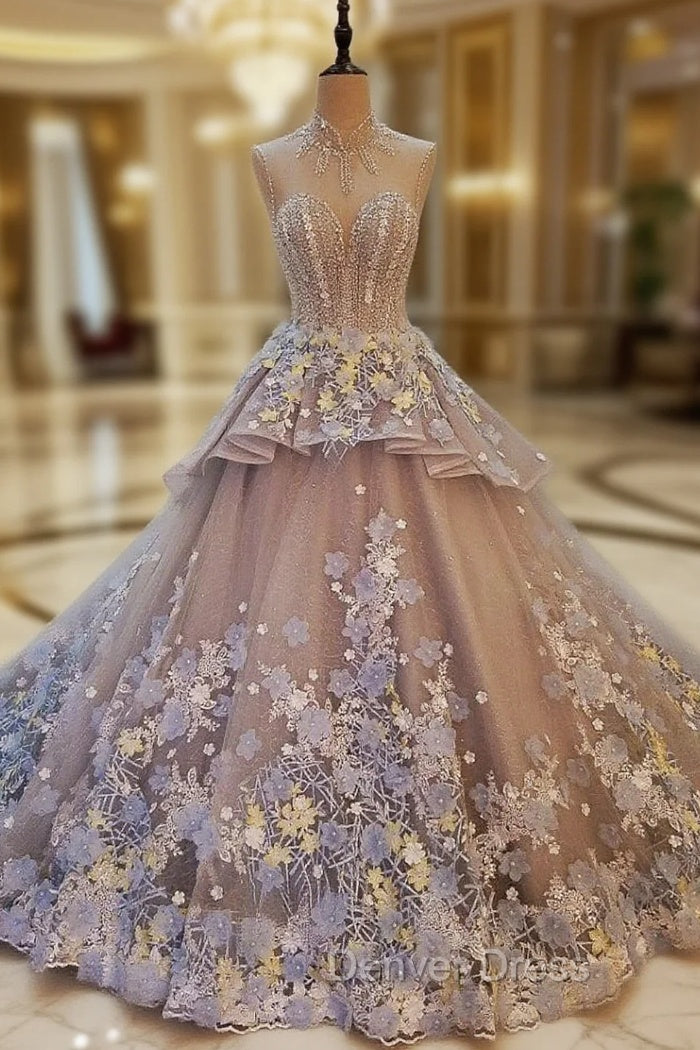 Gray High Neck Tulle Appliques Backless Wedding Dresses Main image