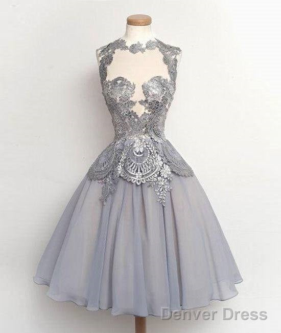 Gray Lace Chiffon Short Prom Gown, Homecoming Dress Main image