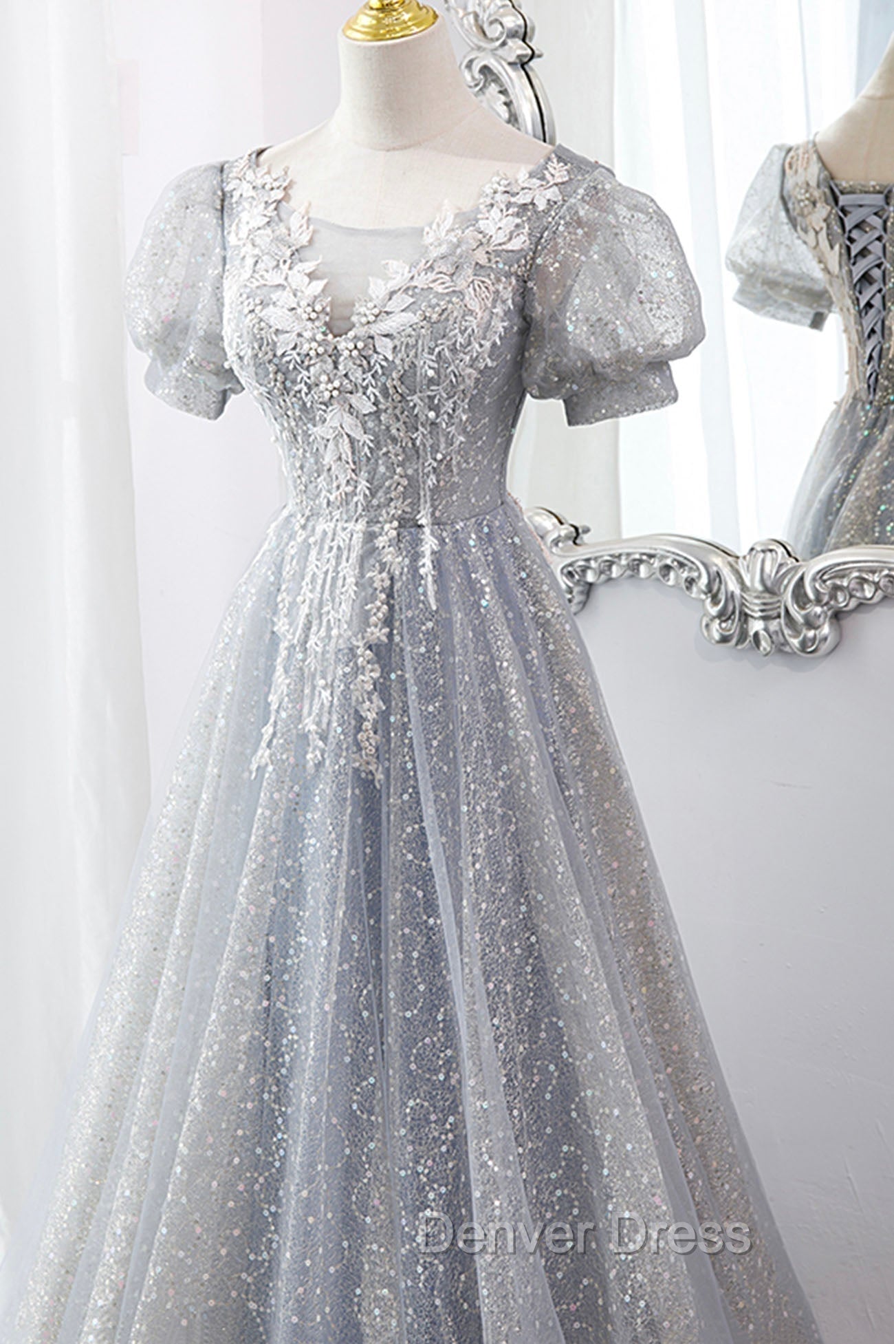 Gray Lace Long A-Line Prom Dresses with Sequins, Cute Short Sleeve Evening Dresses Secondary image