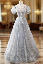 Gray Lace Long A Line Prom Dress with Sequins, Cute Short Sleeve Prom Dresses