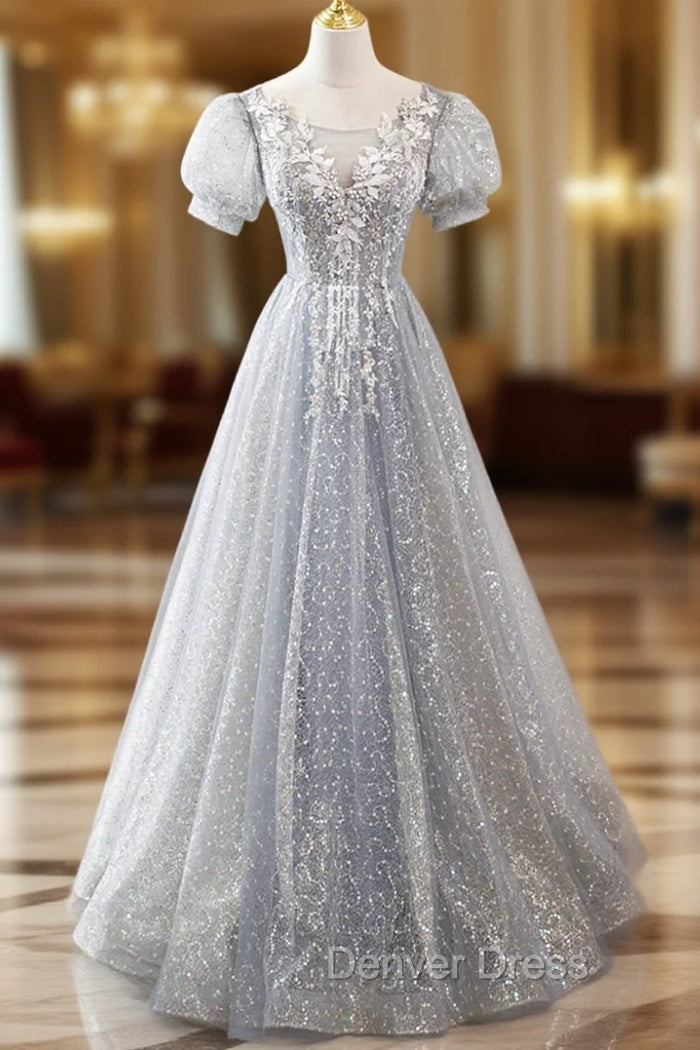 Gray Lace Long A Line Prom Dress with Sequins, Cute Short Sleeve Prom Dresses