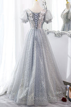 Gray Lace Long A-Line Prom Dresses with Sequins, Cute Short Sleeve Evening Dresses
