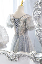 Gray Lace Long A-Line Prom Dresses with Sequins, Cute Short Sleeve Evening Dresses