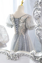 Gray Lace Long A Line Prom Dress with Sequins, Cute Short Sleeve Prom Dresses
