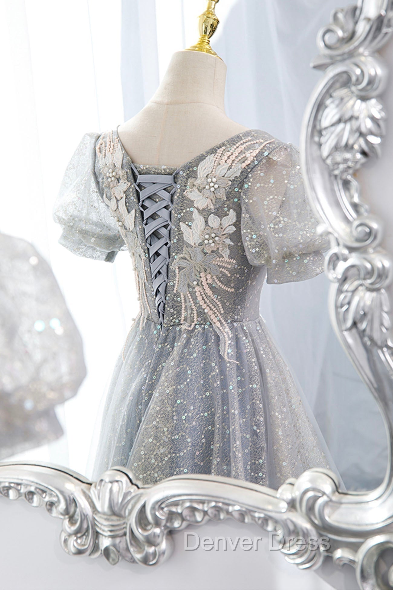 Gray Lace Long A Line Prom Dress with Sequins, Cute Short Sleeve Prom Dresses