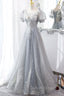 Gray Lace Long A-Line Prom Dresses with Sequins, Cute Short Sleeve Evening Dresses